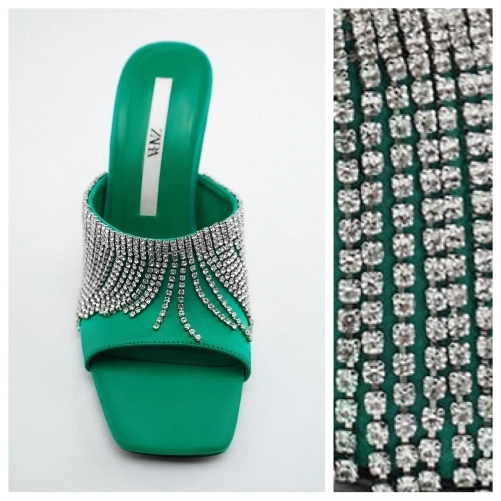 NWT. Zara Green Sparkly Heeled Sandals with Rhinestone Fringe. Size 9. - Picture 4 of 6